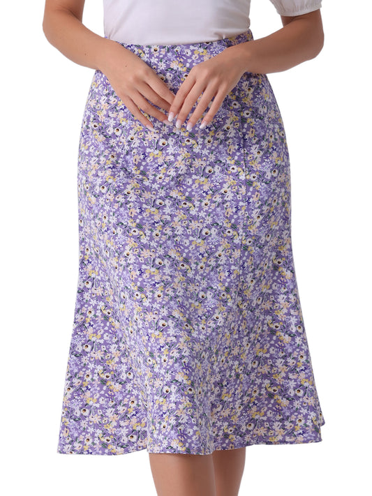 Women's Floral Midi Skirt Peasant Elastic Waist A-Line Ditsy Printed Skirts