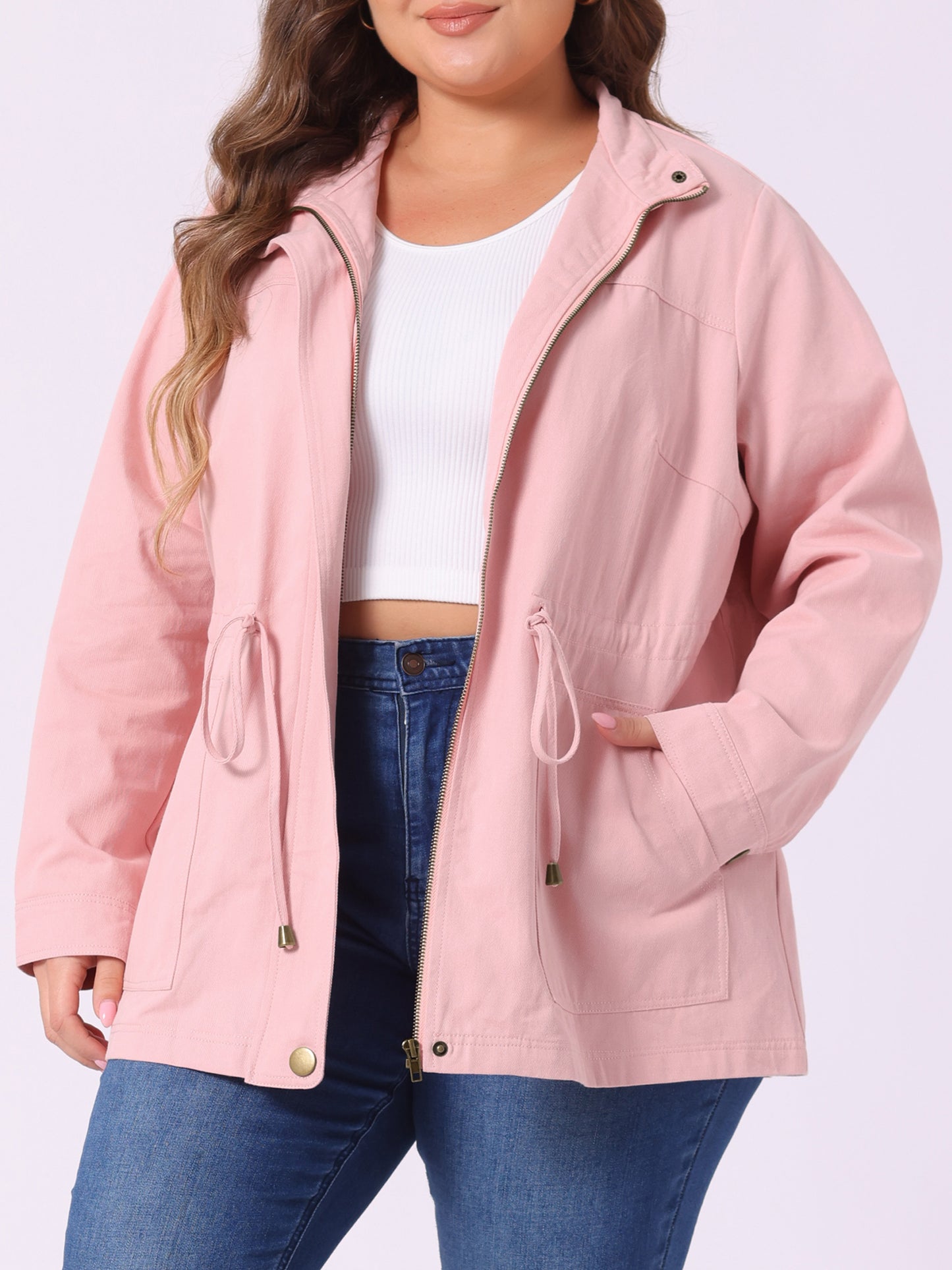 Women's Plus Size Jackets Lightweight Anorak Drawstring Utility Jacket with Pockets
