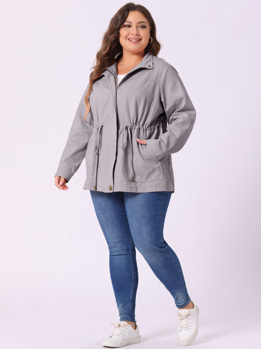 Women's Plus Size Jackets Lightweight Anorak Drawstring Utility Jacket with Pockets