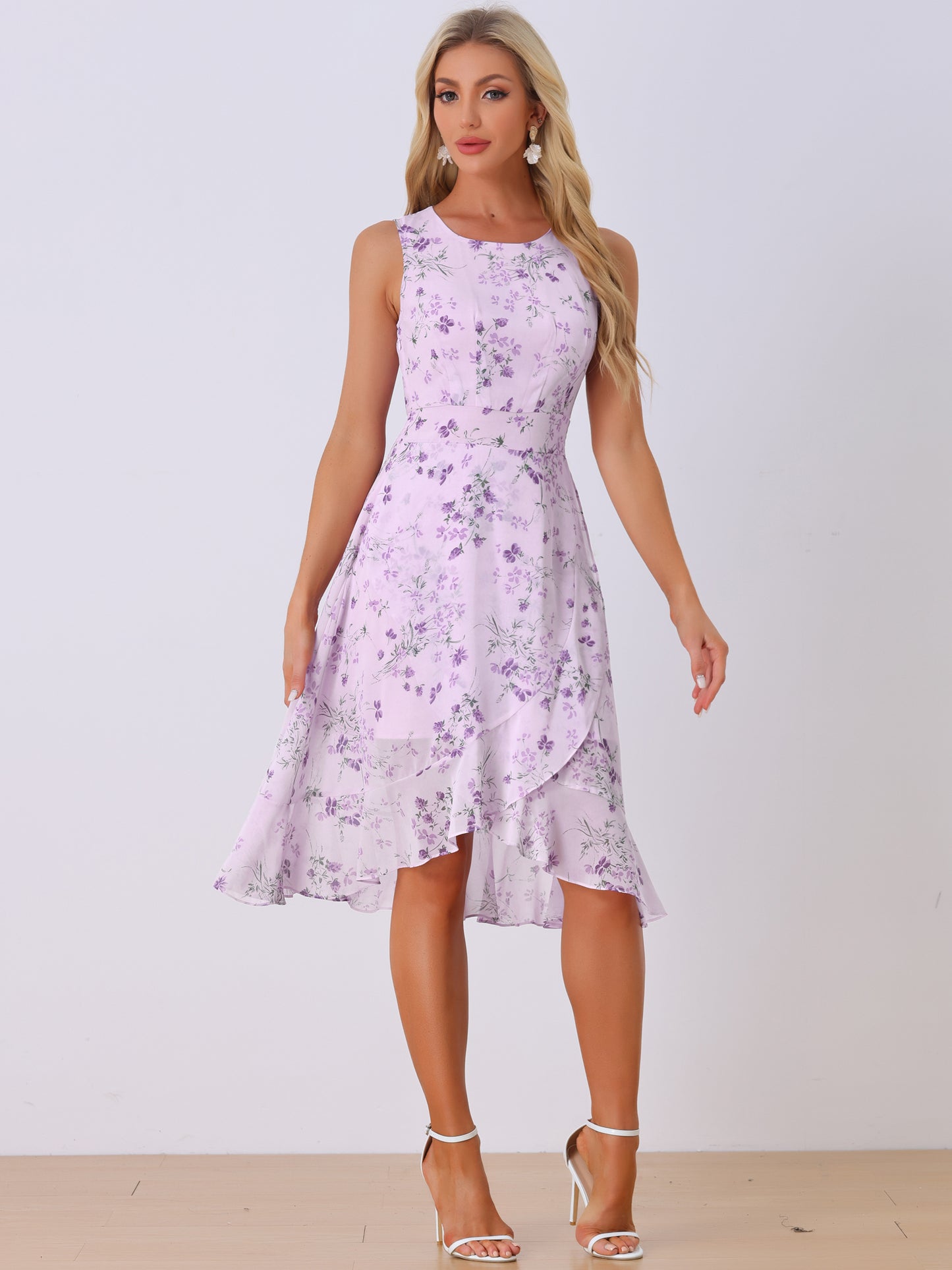 Women's Summer Dresses Wrap Ruffle High Low Hem Round Neck Keyhole Back Sleeveless Floral Dress