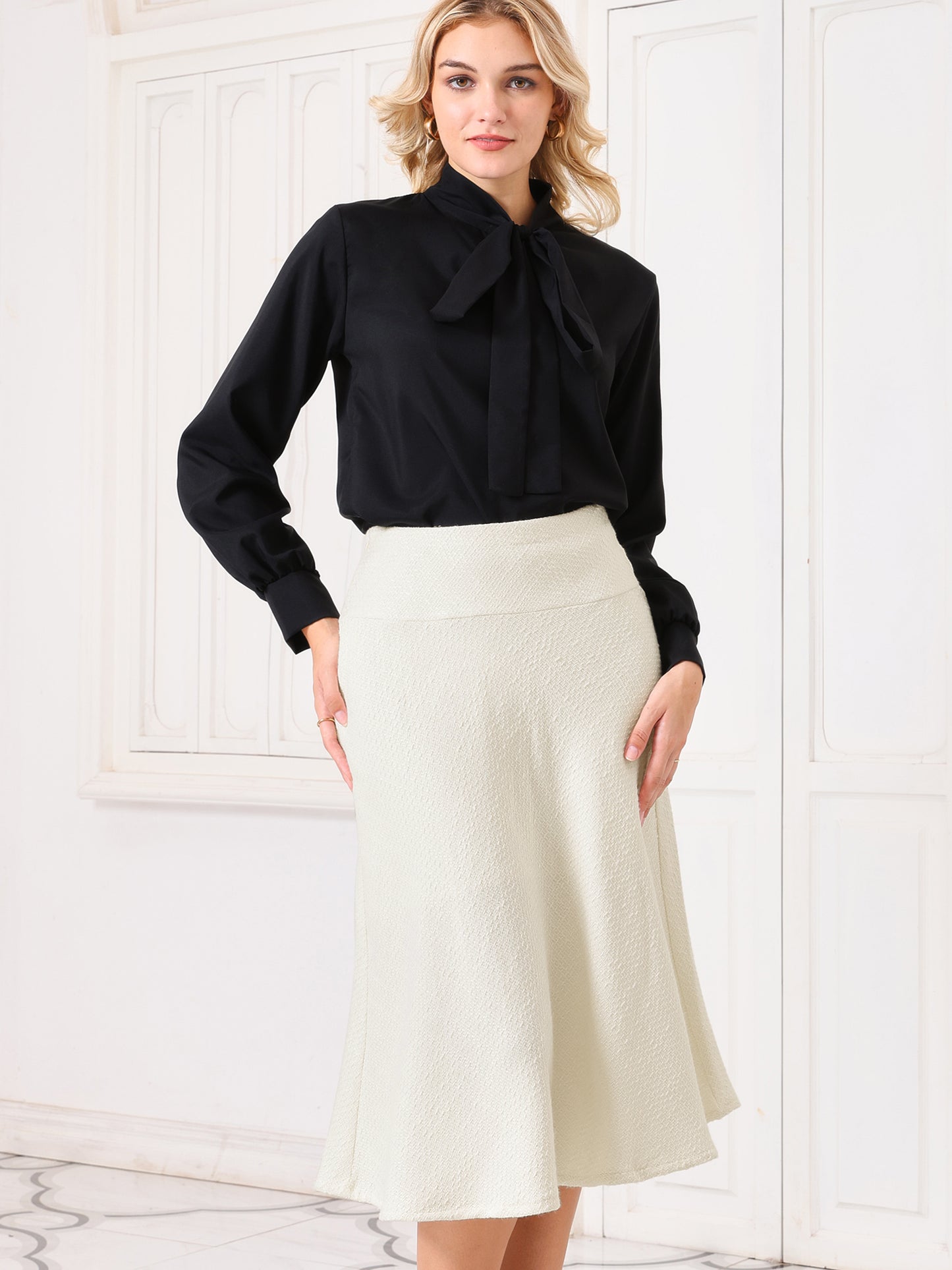 Falda midi de tweed con cintura elástica y corte en A para mujer