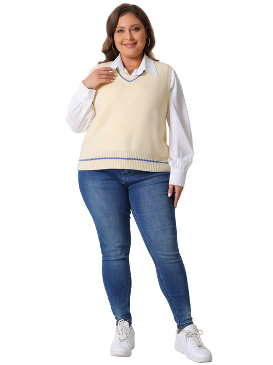 Women Plus Size Sweater Vest V Neck Stripe Cable Knit Sleeveless Pullover Sweater Vest