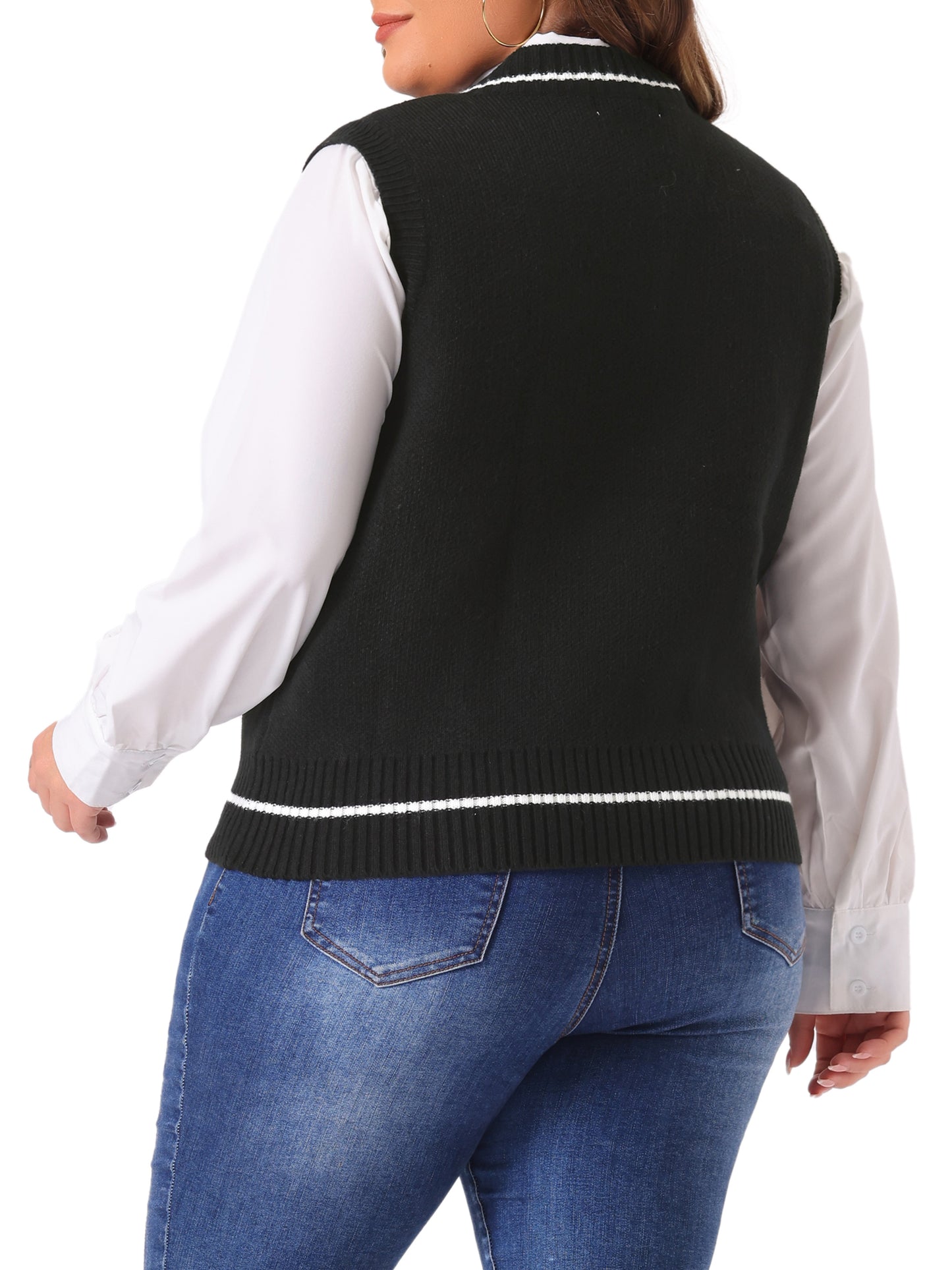 Women Plus Size Sweater Vest V Neck Stripe Cable Knit Sleeveless Pullover Sweater Vest
