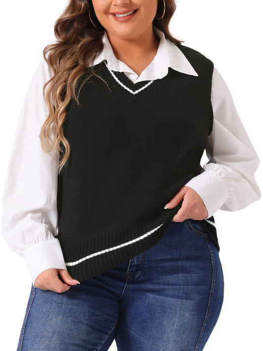 Women Plus Size Sweater Vest V Neck Stripe Cable Knit Sleeveless Pullover Sweater Vest