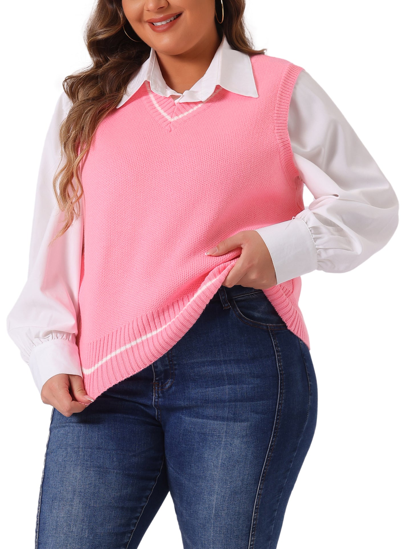 Women Plus Size Sweater Vest V Neck Stripe Cable Knit Sleeveless Pullover Sweater Vest