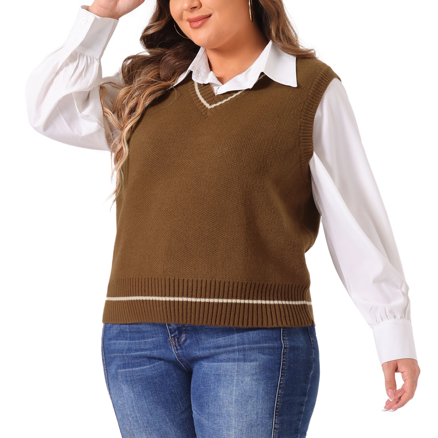 Women Plus Size Sweater Vest V Neck Stripe Cable Knit Sleeveless Pullover Sweater Vest