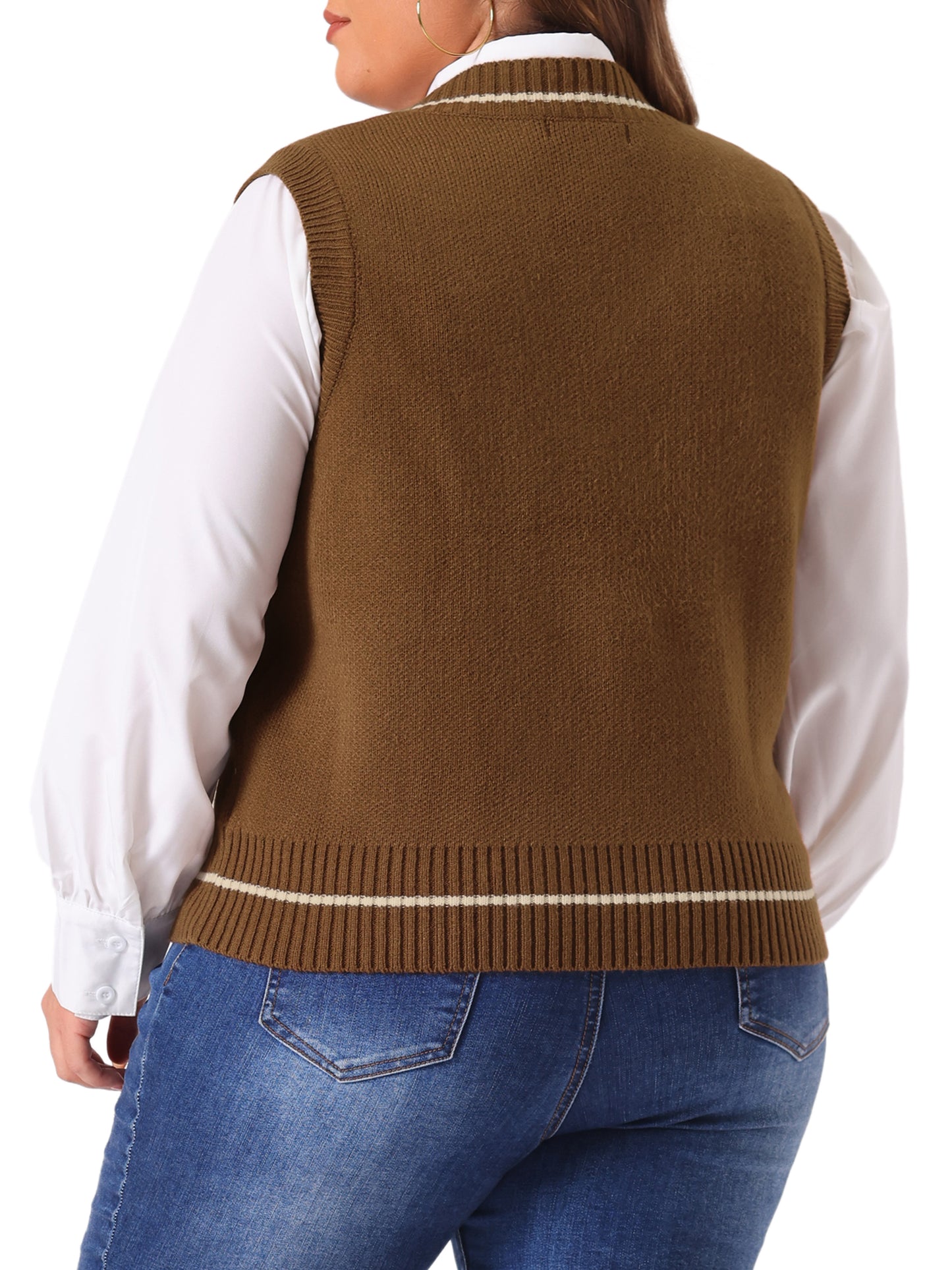 Women Plus Size Sweater Vest V Neck Stripe Cable Knit Sleeveless Pullover Sweater Vest