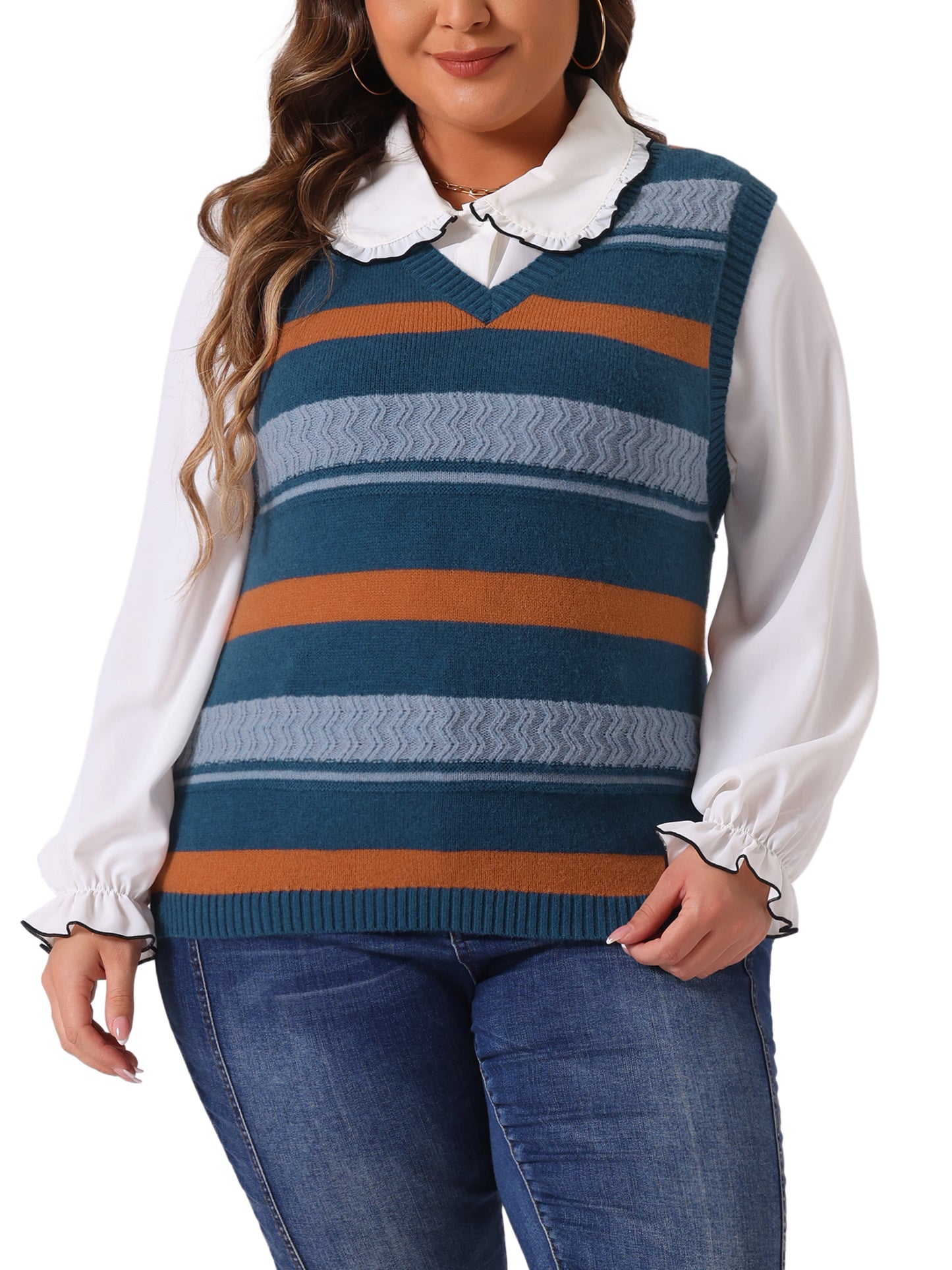 Women Plus Size Sweaters Sleeveless V Neck Striped Knit Casual Pullover Sweater Vests