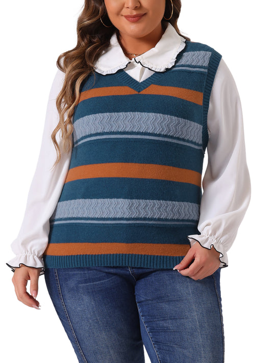 Women Plus Size Sweaters Sleeveless V Neck Striped Knit Casual Pullover Sweater Vests