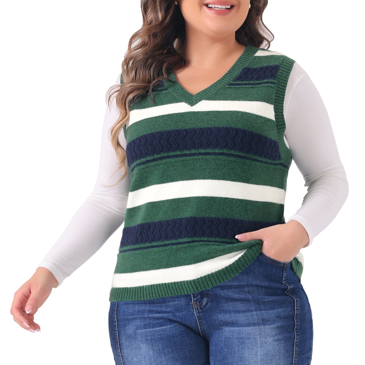 Women Plus Size Sweaters Sleeveless V Neck Striped Knit Casual Pullover Sweater Vests