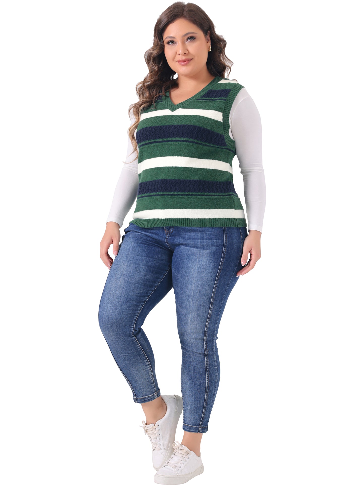 Women Plus Size Sweaters Sleeveless V Neck Striped Knit Casual Pullover Sweater Vests