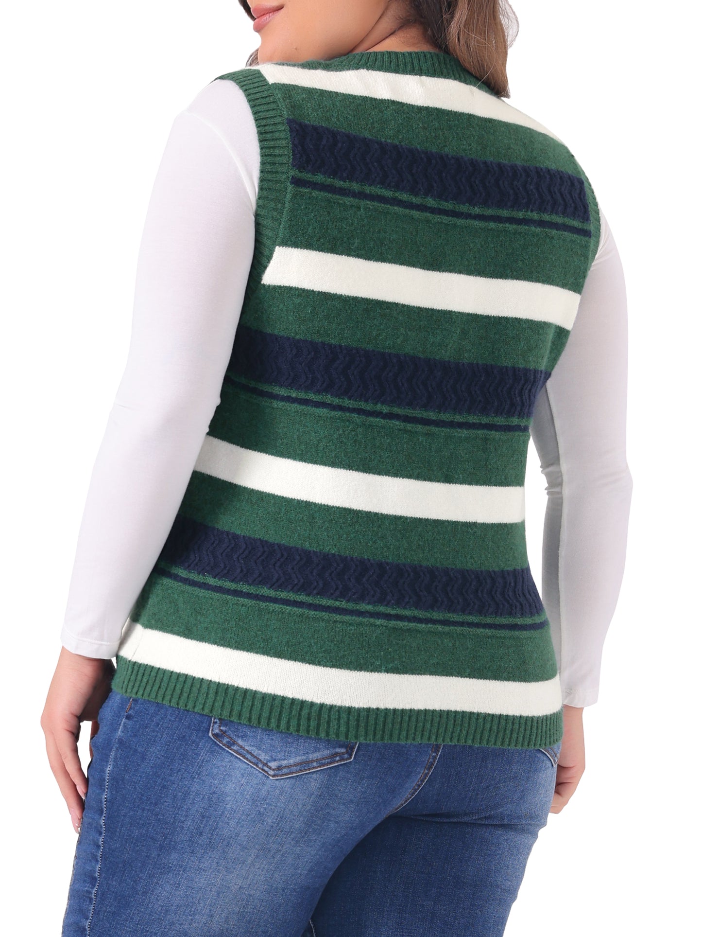 Women Plus Size Sweaters Sleeveless V Neck Striped Knit Casual Pullover Sweater Vests