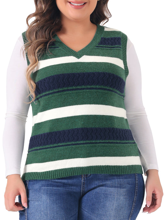 Women Plus Size Sweaters Sleeveless V Neck Striped Knit Casual Pullover Sweater Vests