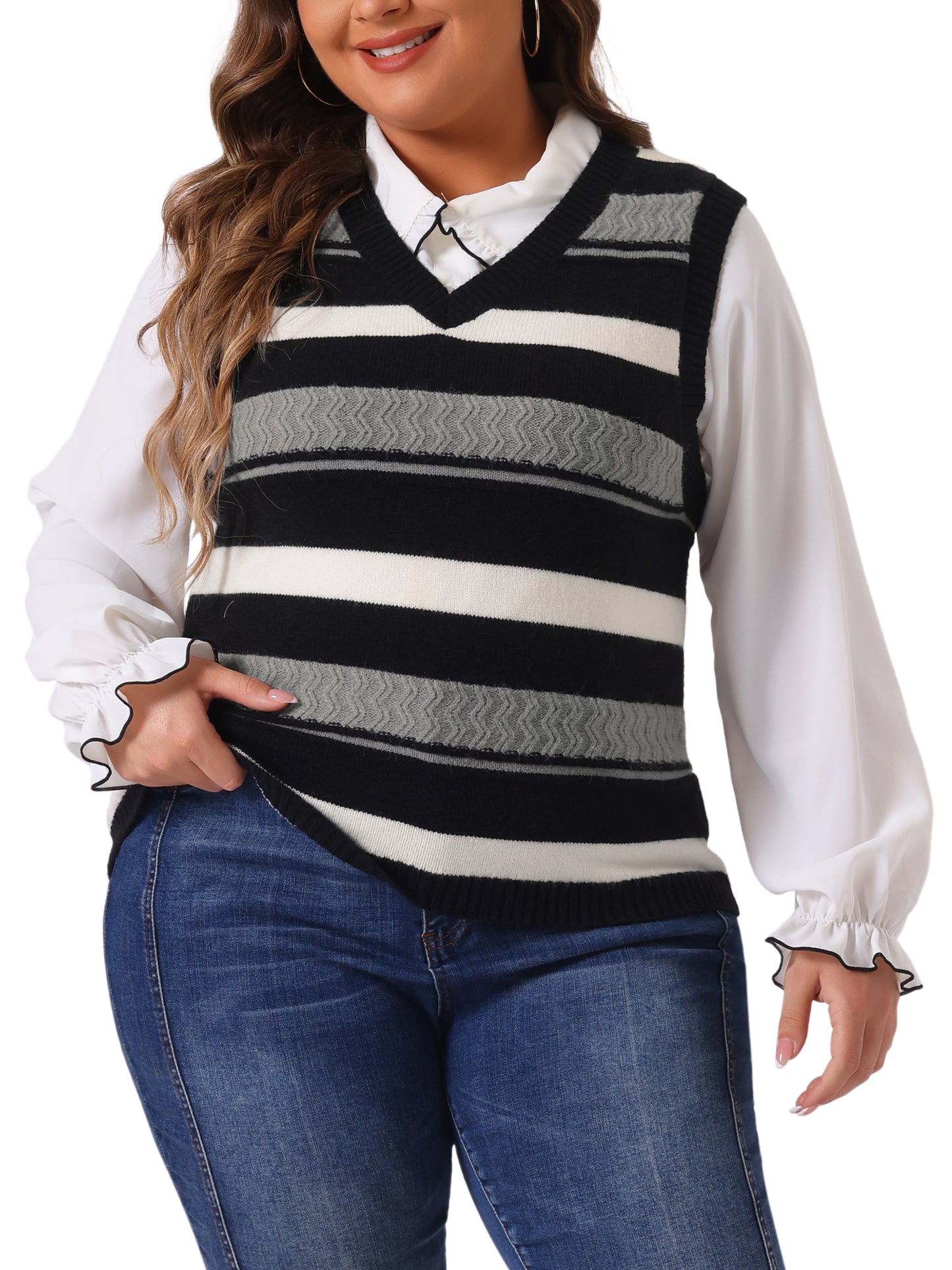Women Plus Size Sweaters Sleeveless V Neck Striped Knit Casual Pullover Sweater Vests