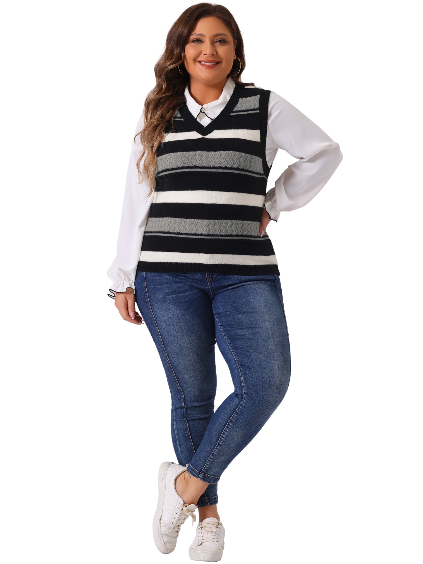 Women Plus Size Sweaters Sleeveless V Neck Striped Knit Casual Pullover Sweater Vests