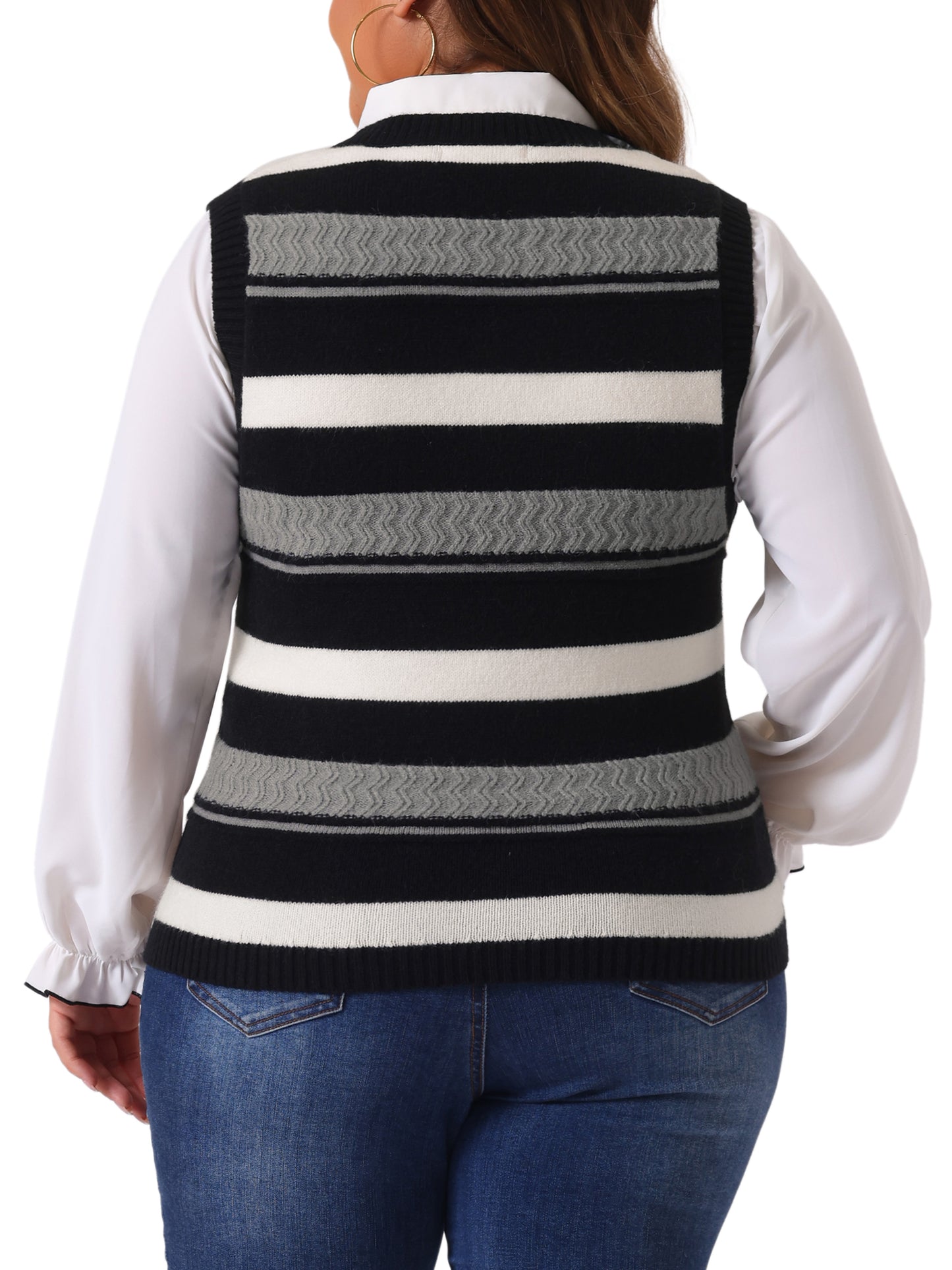 Women Plus Size Sweaters Sleeveless V Neck Striped Knit Casual Pullover Sweater Vests