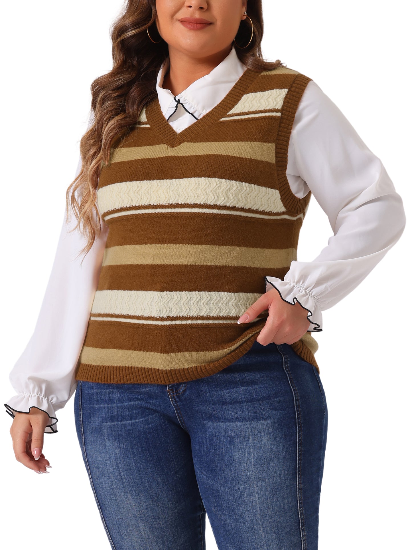 Women Plus Size Sweaters Sleeveless V Neck Striped Knit Casual Pullover Sweater Vests