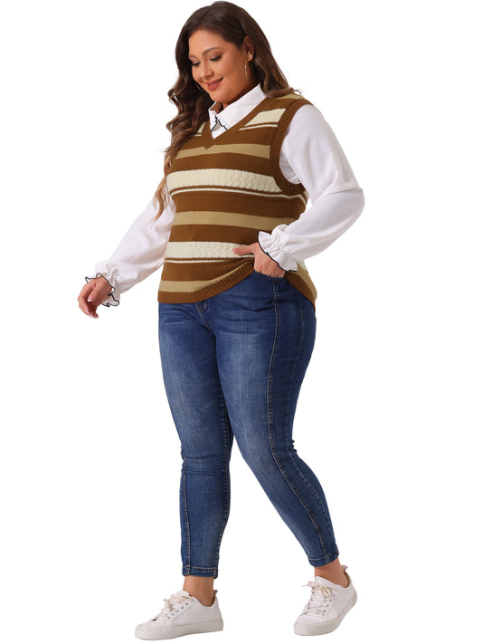 Women Plus Size Sweaters Sleeveless V Neck Striped Knit Casual Pullover Sweater Vests