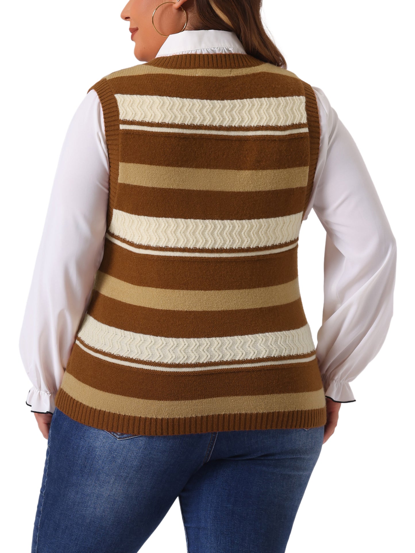 Women Plus Size Sweaters Sleeveless V Neck Striped Knit Casual Pullover Sweater Vests