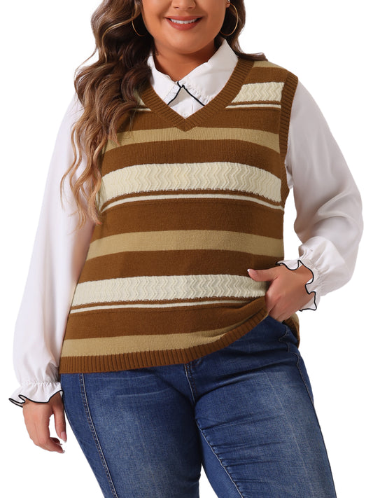 Women Plus Size Sweaters Sleeveless V Neck Striped Knit Casual Pullover Sweater Vests