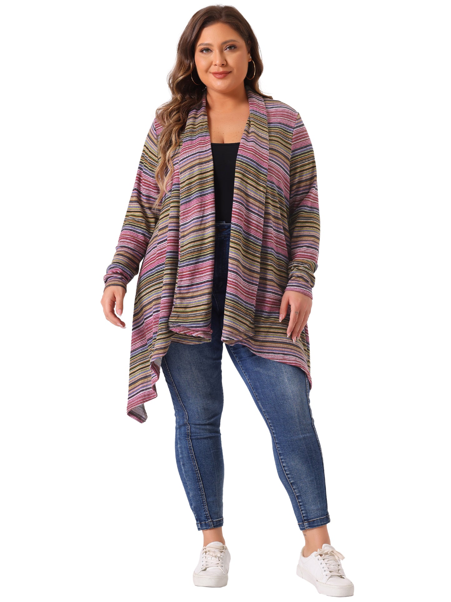 Women Plus Size Cardigan Sweaters Lightweight Long Sleeve Open Front Knit Stripe Cardigan