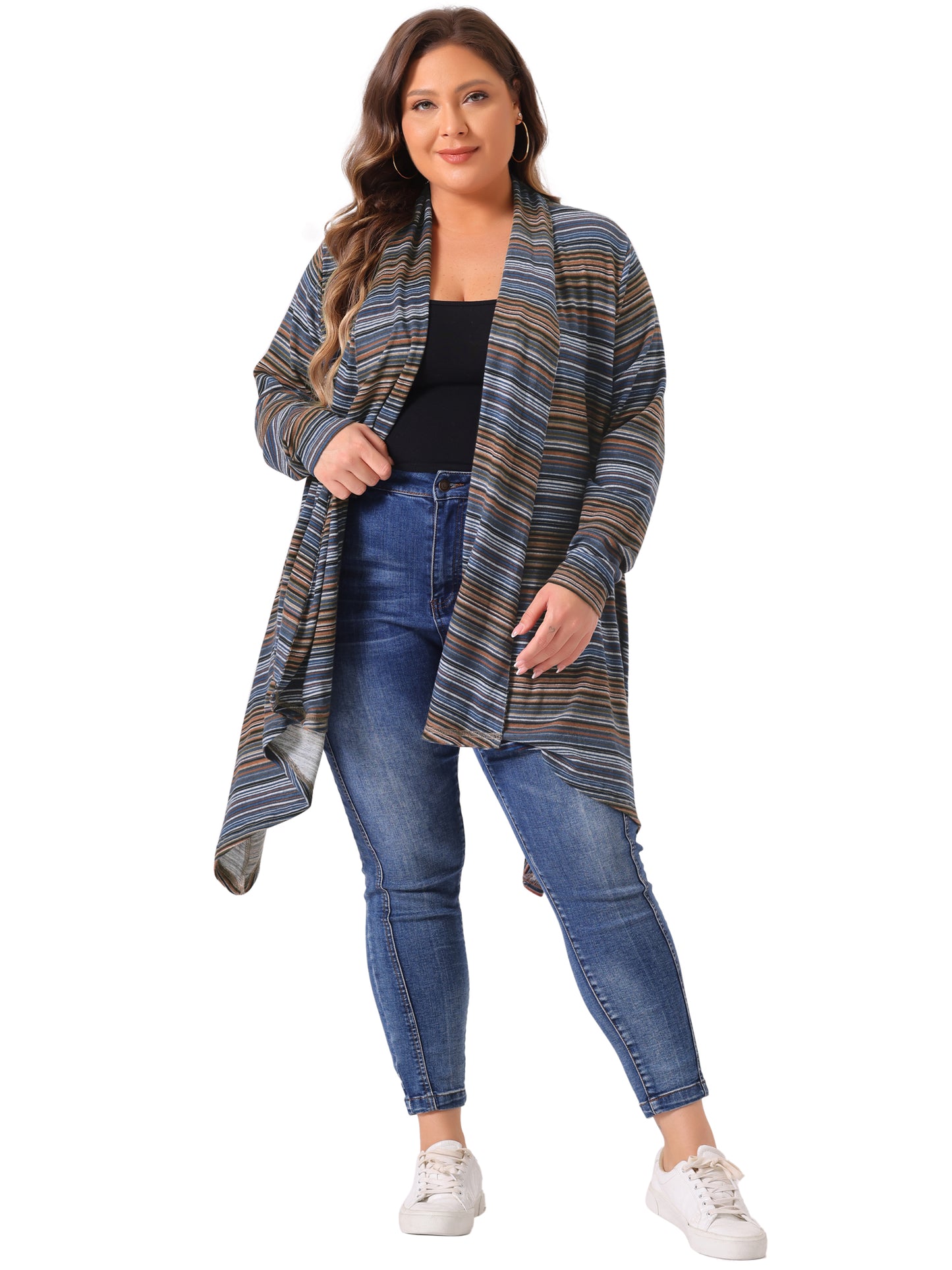 Women Plus Size Cardigan Sweaters Lightweight Long Sleeve Open Front Knit Stripe Cardigan