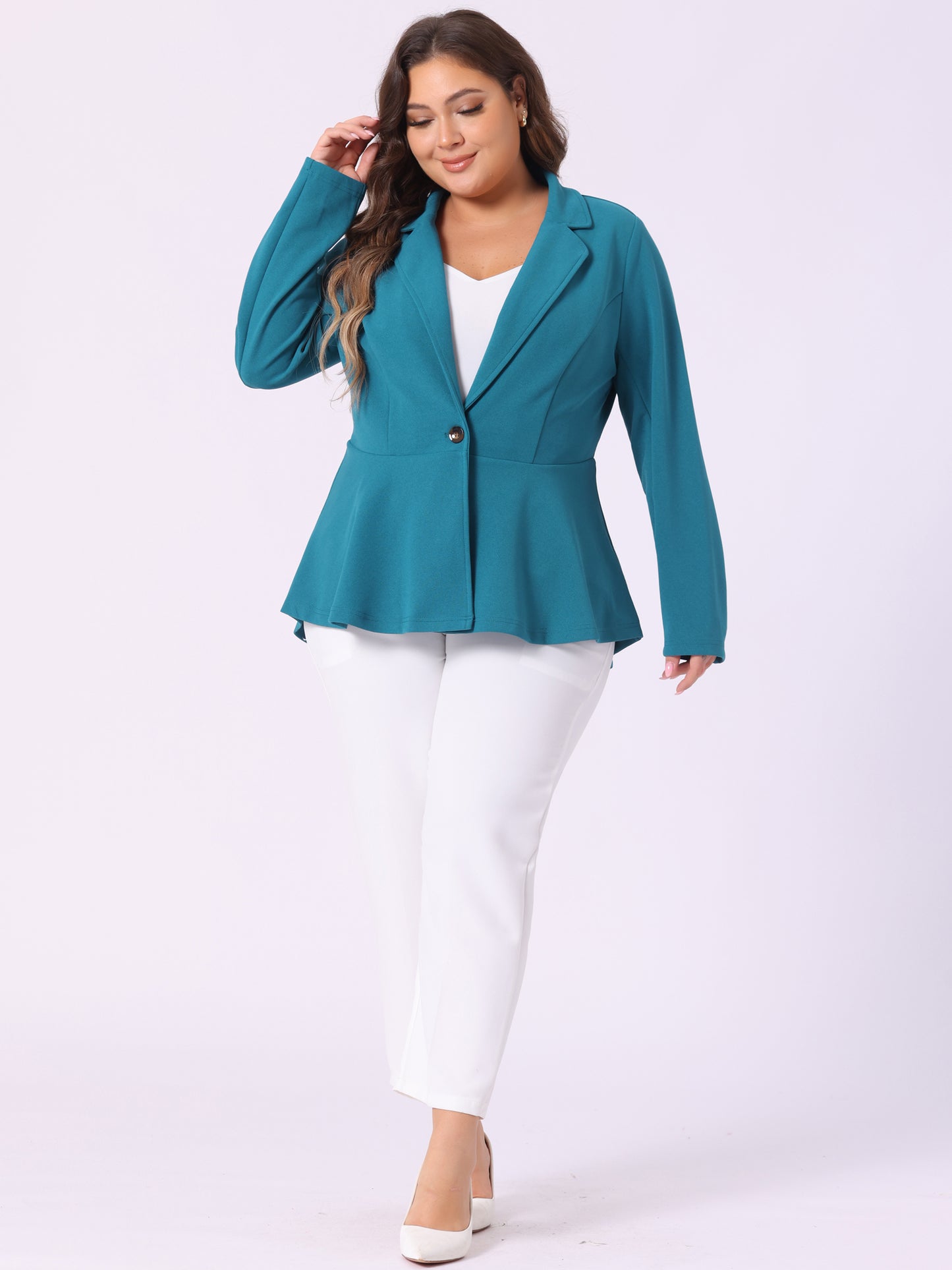 Women's Plus Size Blazer Ruffle V Neck Long Sleeve Notch Panel Button Peplum Work Office Blazers