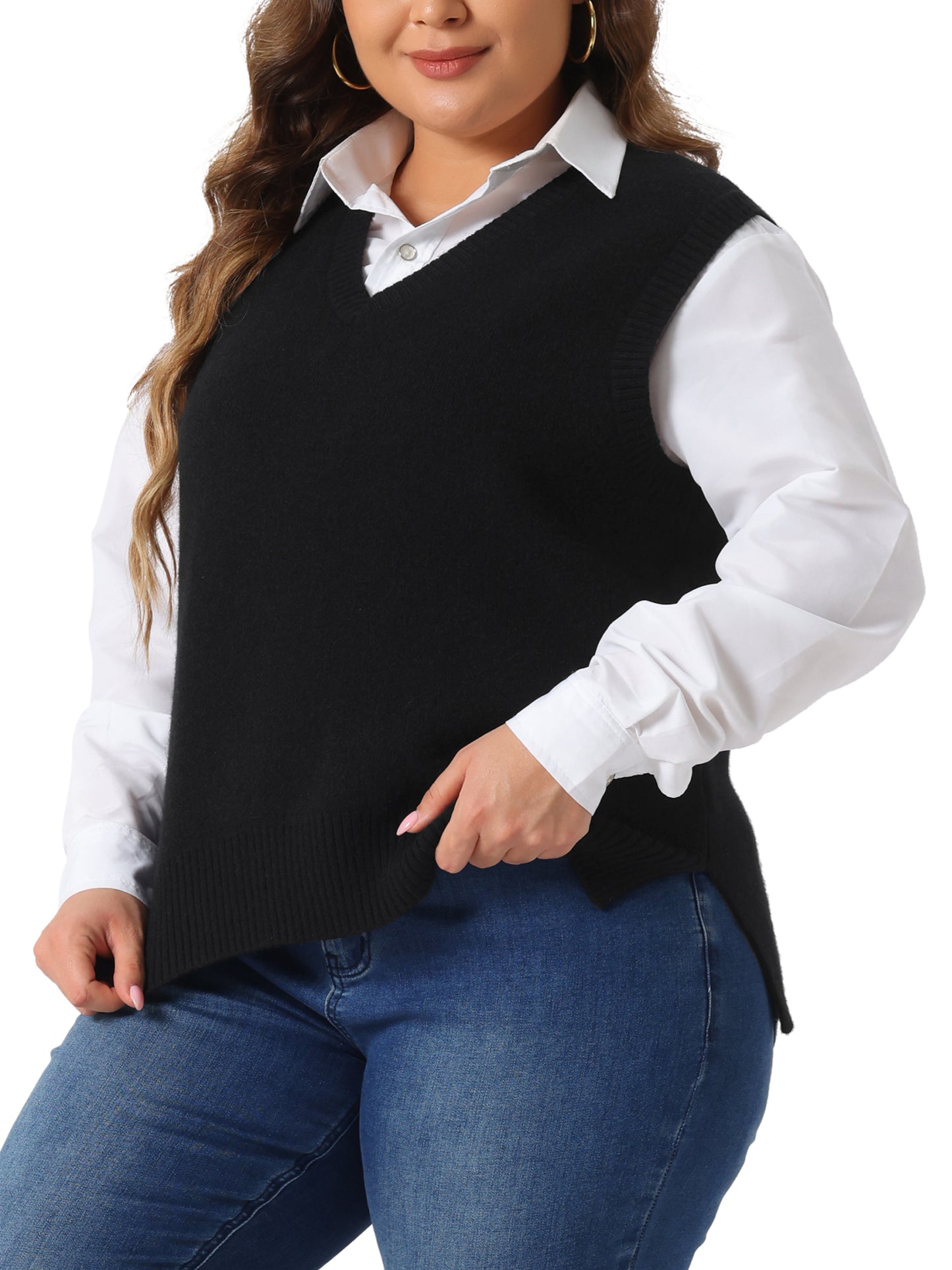 Suéter de talla grande para mujer, chaleco de punto con cuello en V, suéteres clásicos sin mangas, suéteres, tops