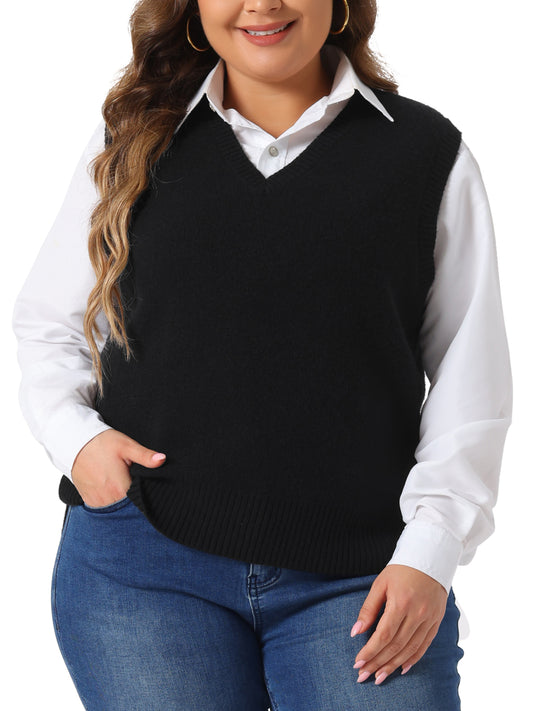 Women Plus Size Sweater Vest V Neck Knit Vests Solid Classic Sleeveless Pullover Sweaters Tops