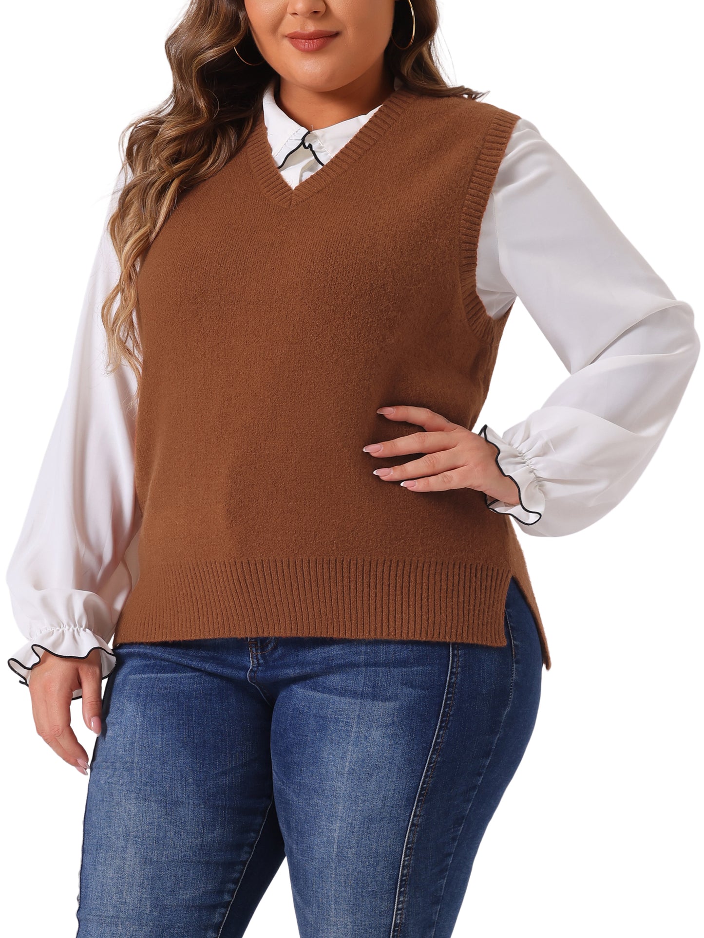 Women Plus Size Sweater Vest V Neck Knit Vests Solid Classic Sleeveless Pullover Sweaters Tops