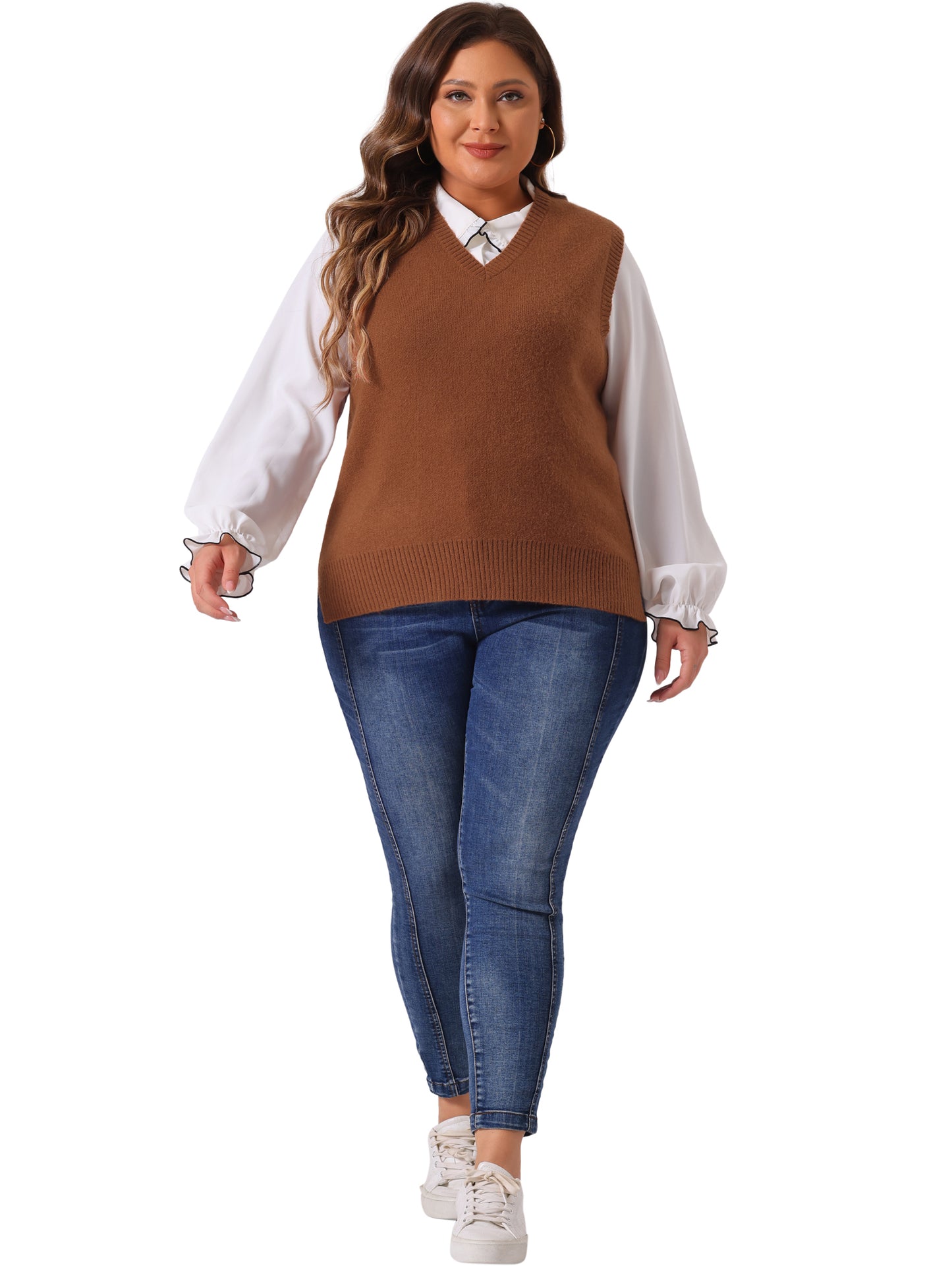 Women Plus Size Sweater Vest V Neck Knit Vests Solid Classic Sleeveless Pullover Sweaters Tops