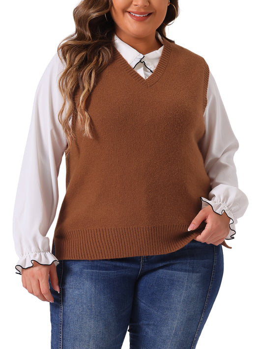 Women Plus Size Sweater Vest V Neck Knit Vests Solid Classic Sleeveless Pullover Sweaters Tops