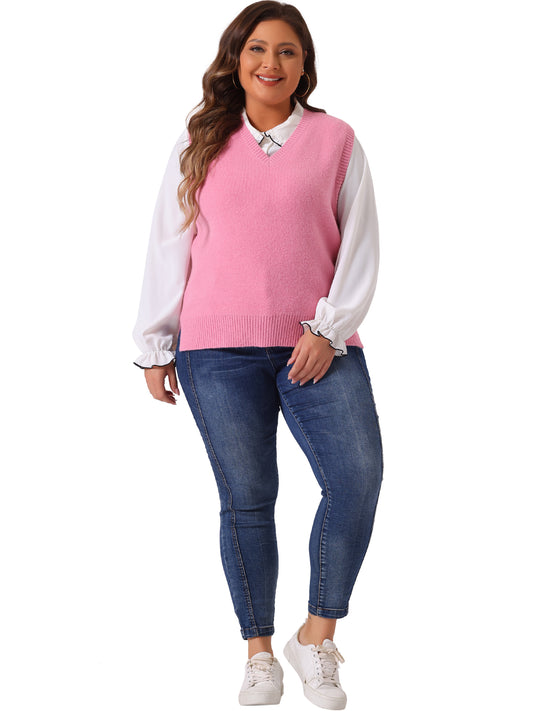 Women Plus Size Sweater Vest V Neck Knit Vests Solid Classic Sleeveless Pullover Sweaters Tops
