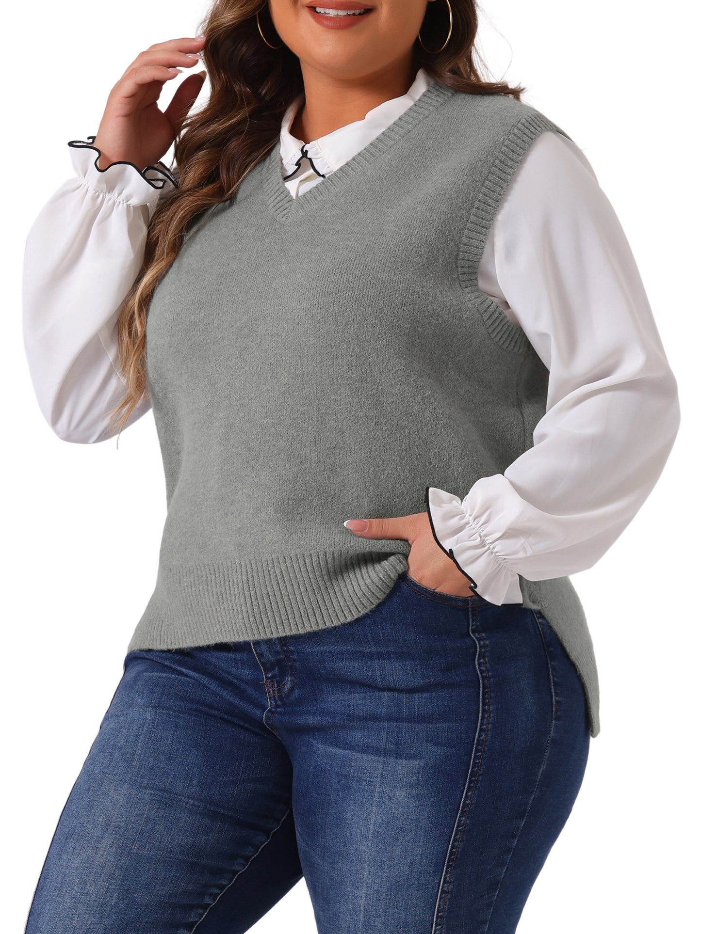 Women Plus Size Sweater Vest V Neck Knit Vests Solid Classic Sleeveless Pullover Sweaters Tops