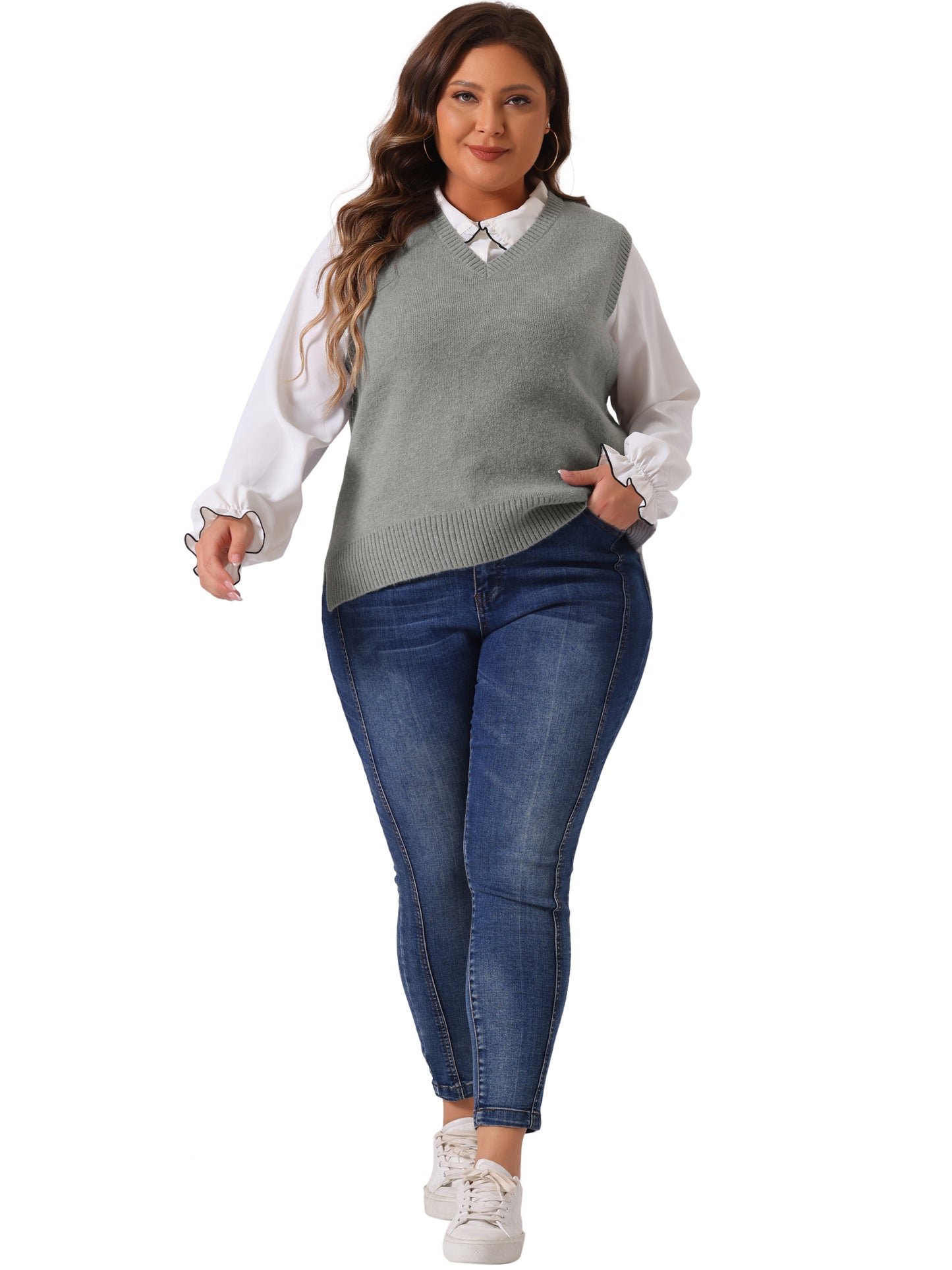 Women Plus Size Sweater Vest V Neck Knit Vests Solid Classic Sleeveless Pullover Sweaters Tops