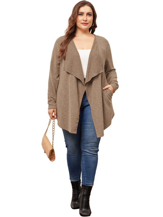 Women Plus Size Sweater Knit Cardigan Open Front Irregular Hem Long Sleeve Cardigan with Pockets
