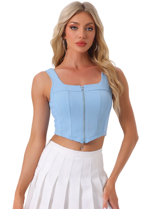 Women's Square Neck Asymmetrical Hem Zip Front Crop Cami Tank Top