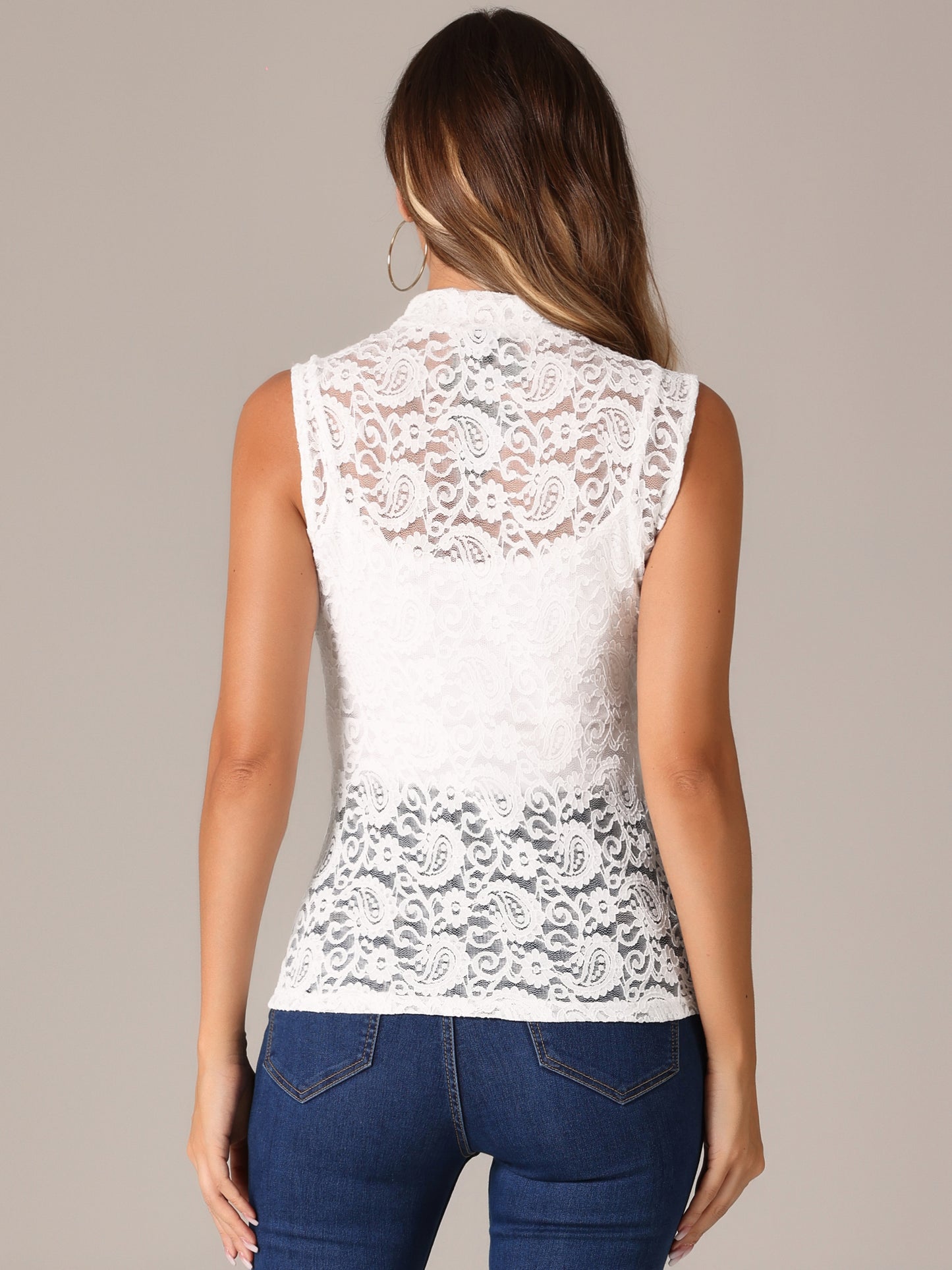 Women's Floral Lace Tank Mock Neck Sleeveless See Through Tank Top