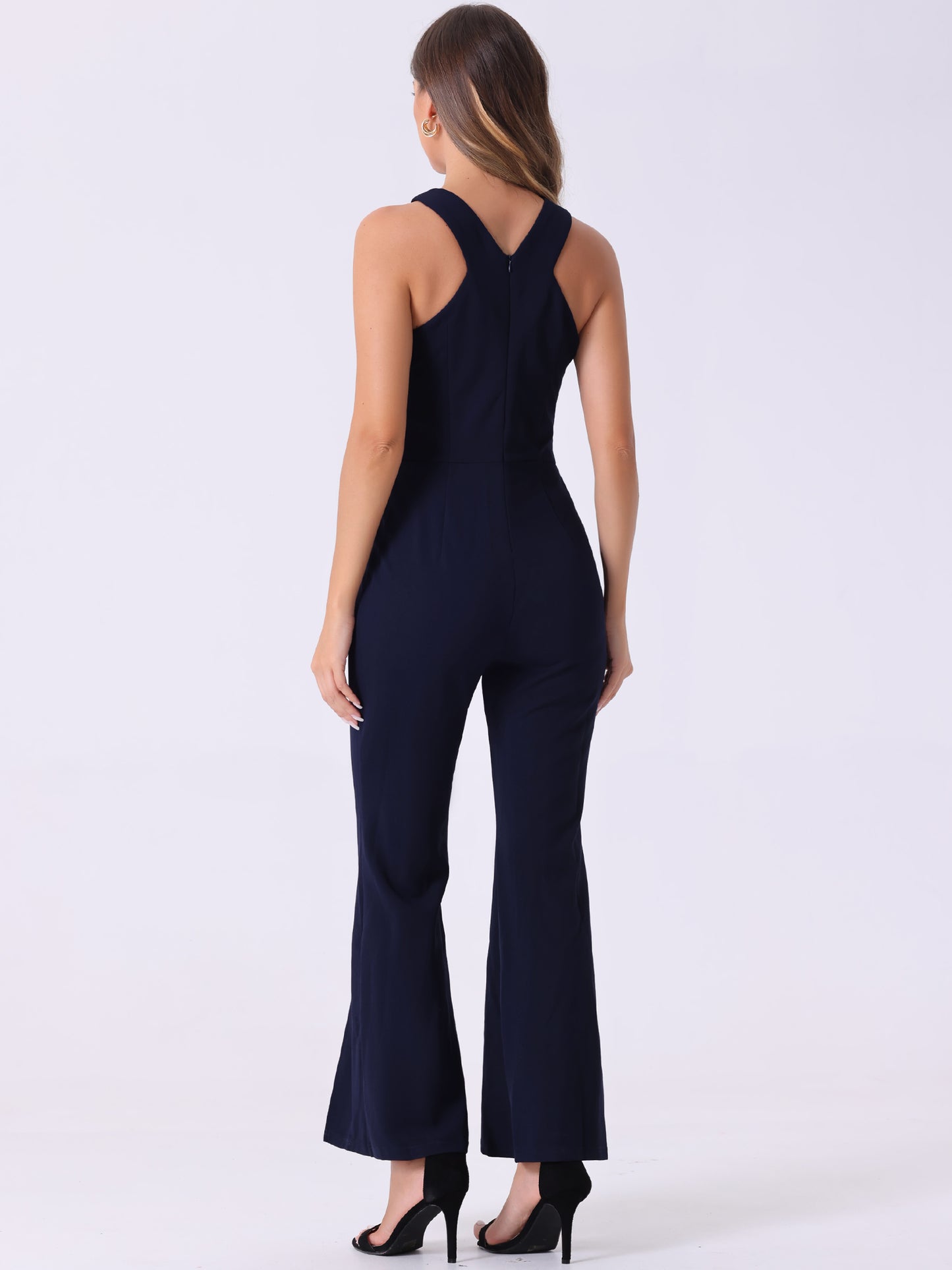 Women's Sleeveless V Neck High Waist Split Flare Leg Elegant Slit Hem Jumpsuits