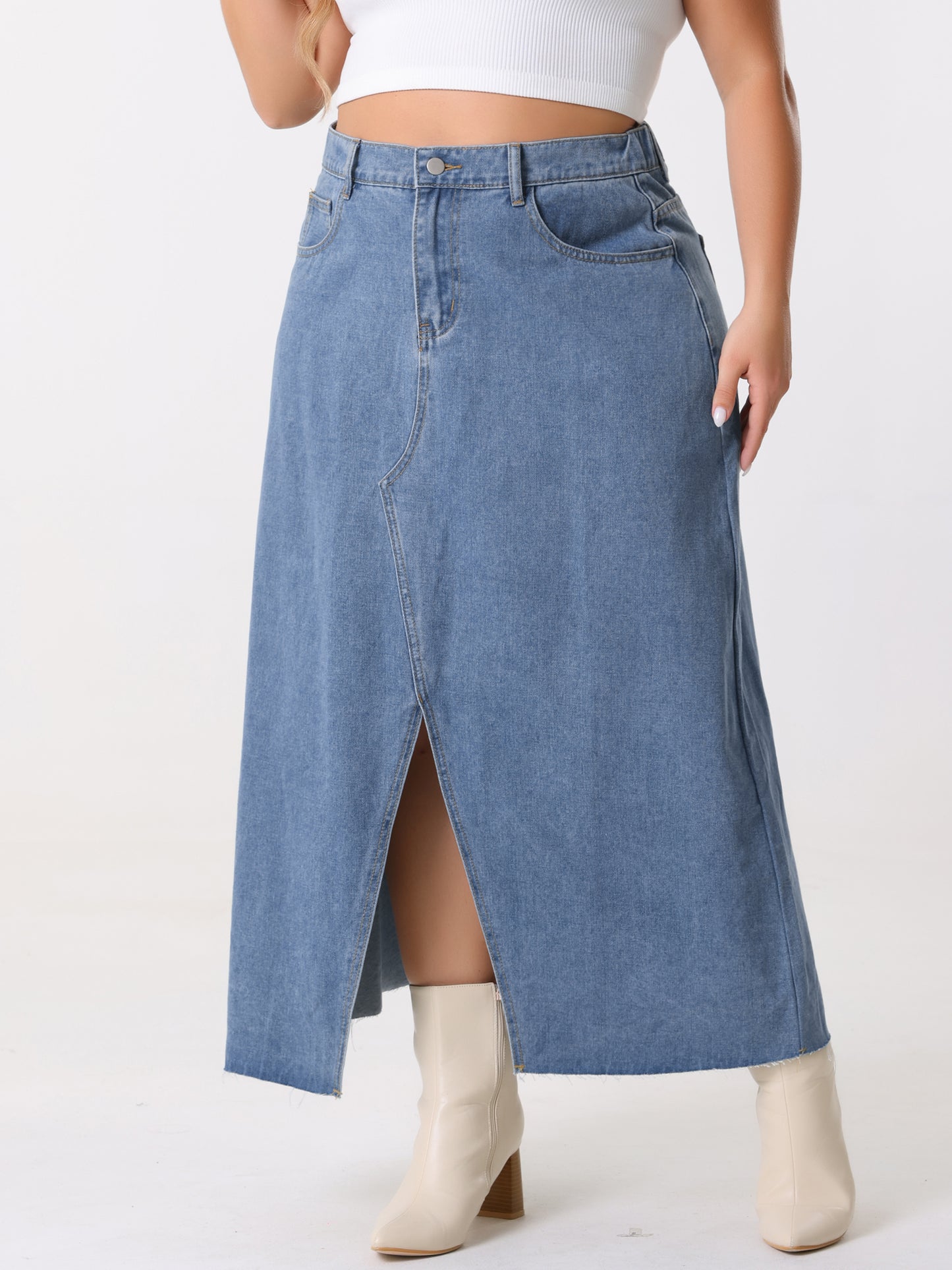 Women's Plus Size Vintage Denim Maxi Skirt Frayed Raw Hem High Waist Front Slit Long Jean Skirts