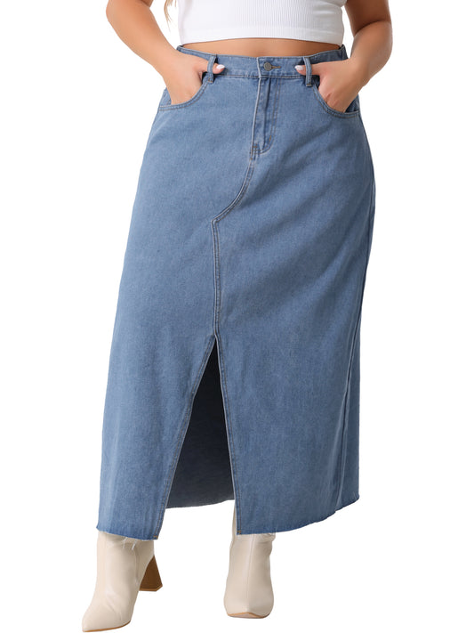 Women's Plus Size Vintage Denim Maxi Skirt Frayed Raw Hem High Waist Front Slit Long Jean Skirts