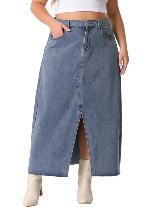 Women's Plus Size Vintage Denim Maxi Skirt Frayed Raw Hem High Waist Front Slit Long Jean Skirts