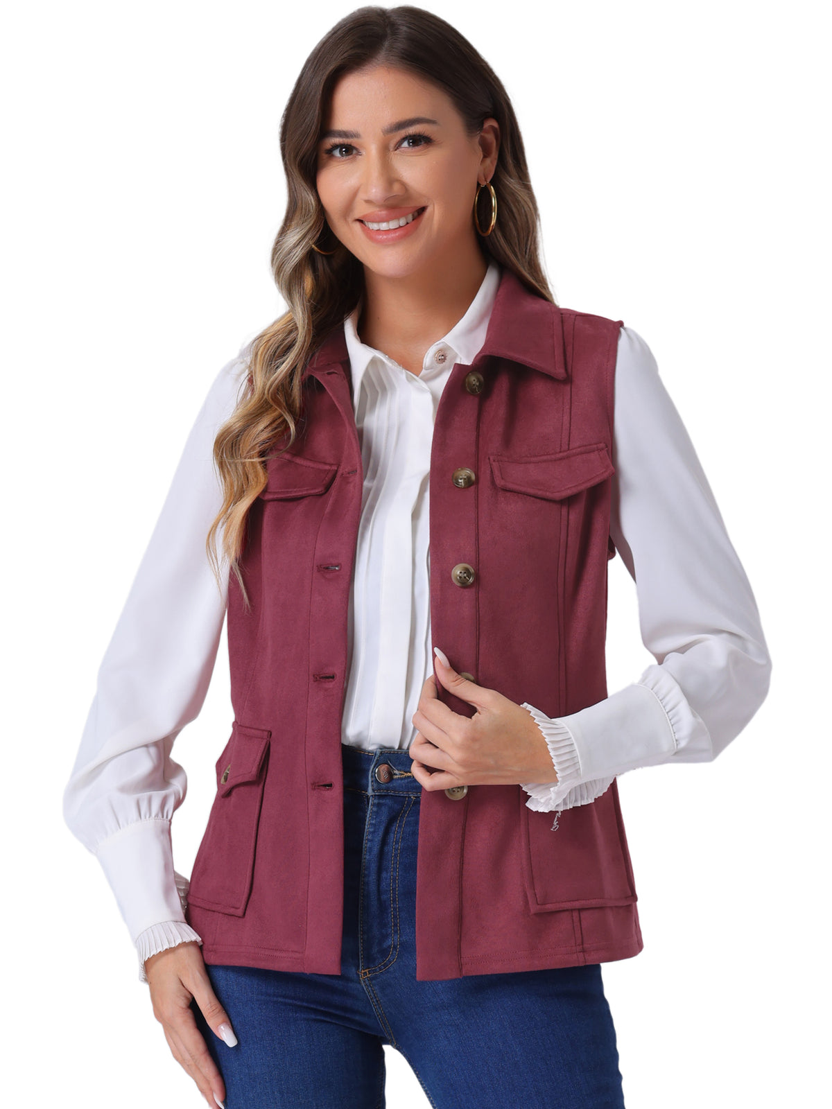Women's Faux Suede Vest Button Down Pocket Sleeveless Fall Jacket