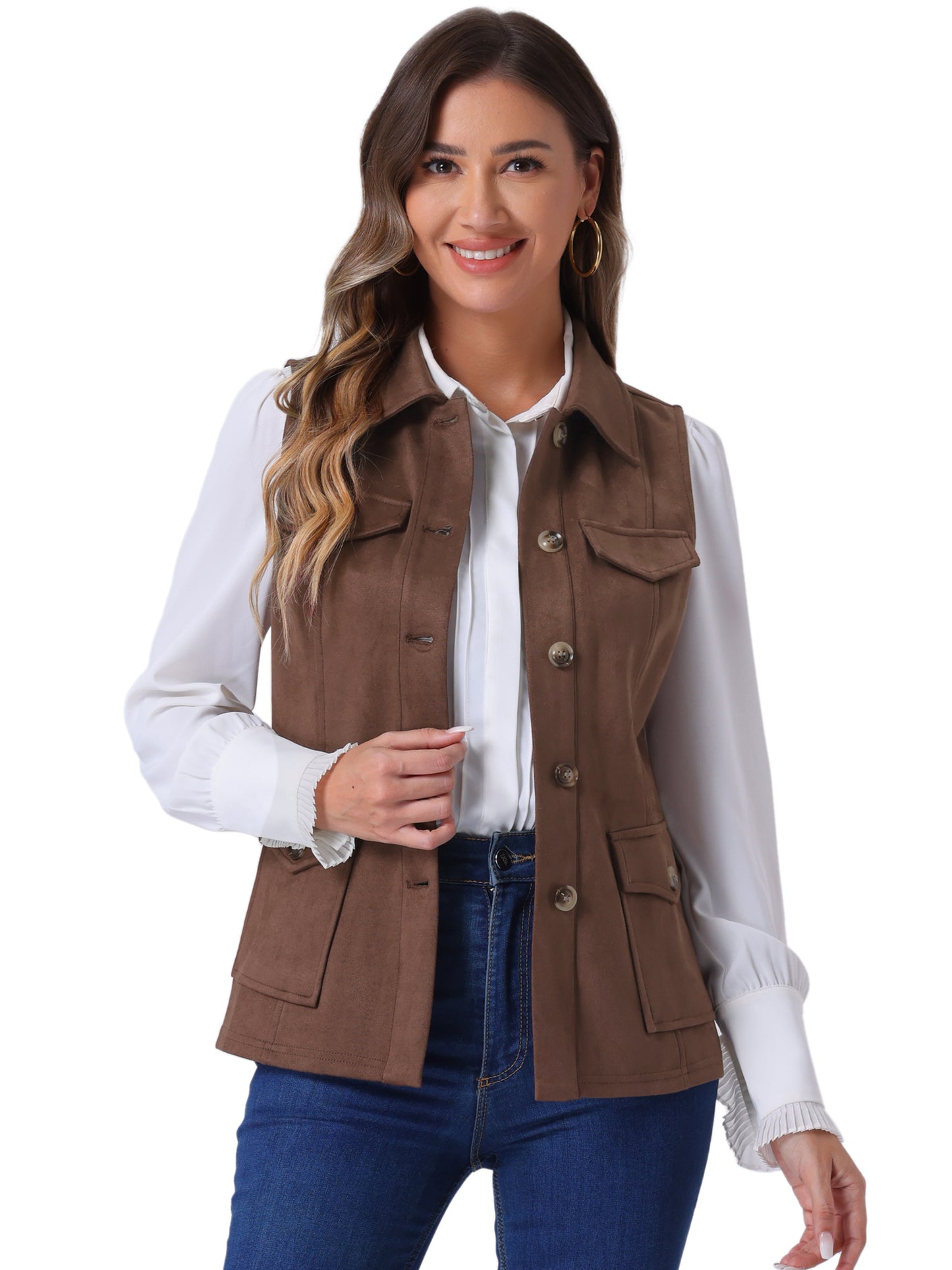 Women's Faux Suede Vest Button Down Pocket Sleeveless Fall Jacket