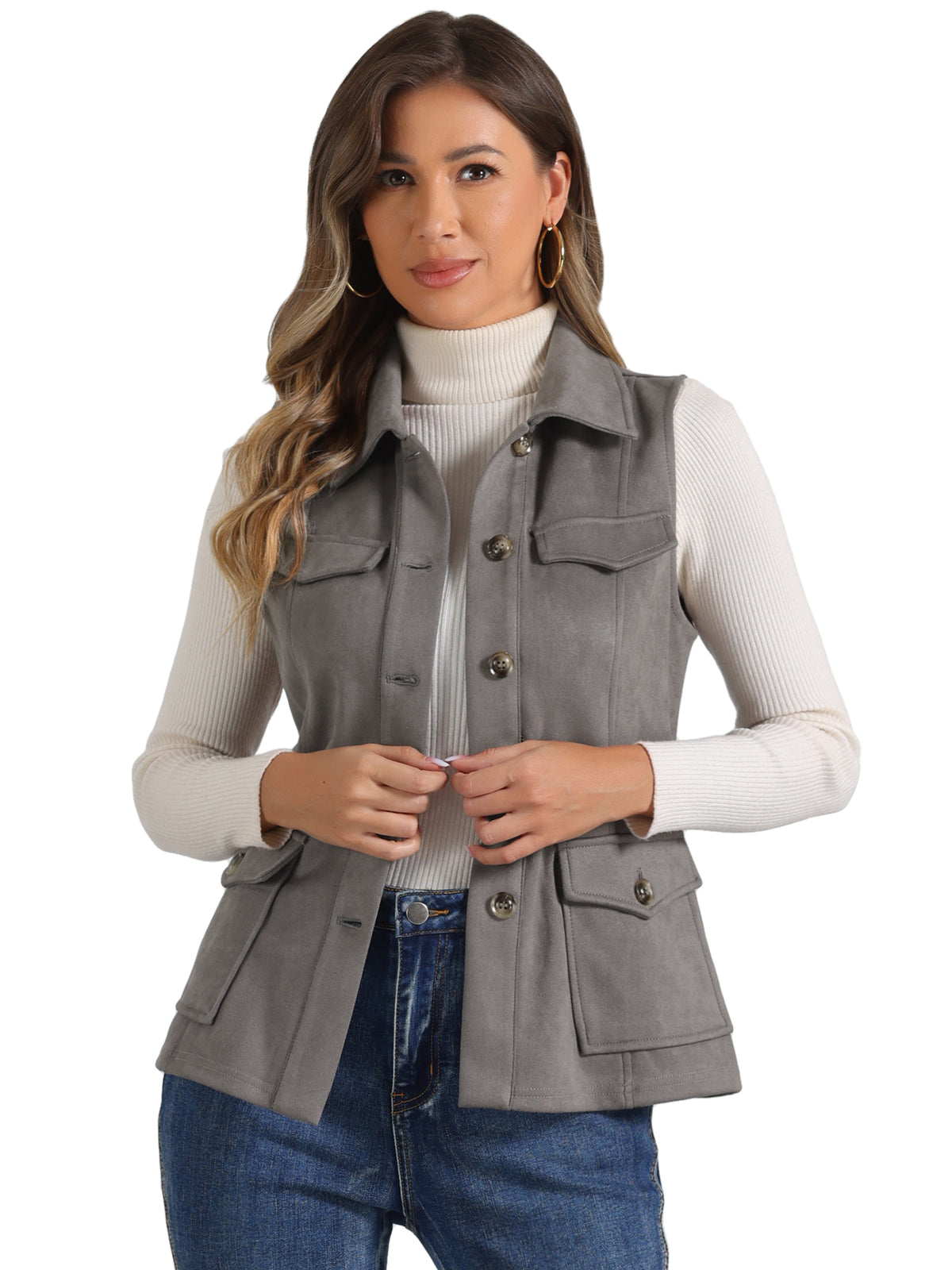 Women's Faux Suede Vest Button Down Pocket Sleeveless Fall Jacket