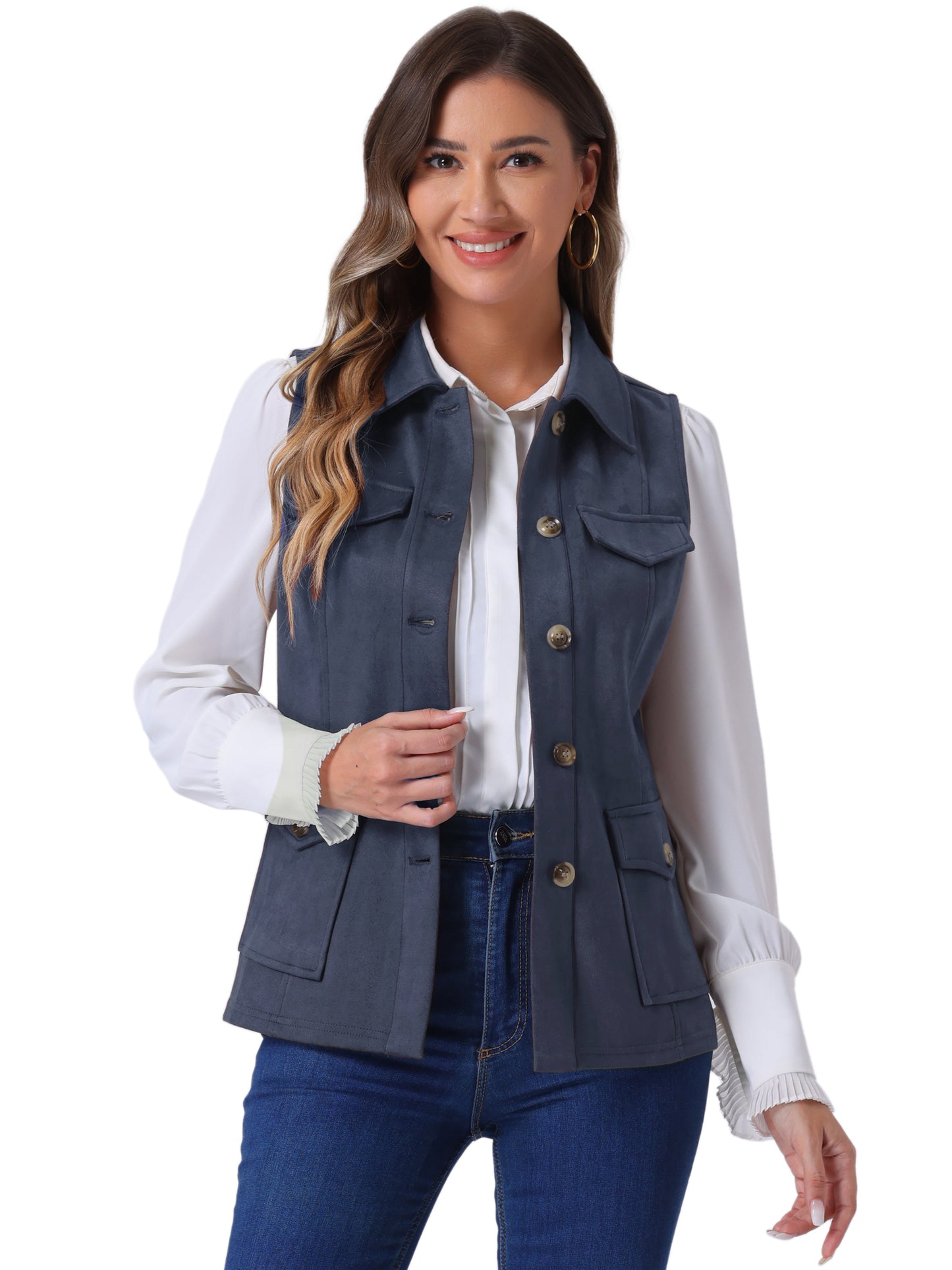 Women's Faux Suede Vest Button Down Pocket Sleeveless Fall Jacket