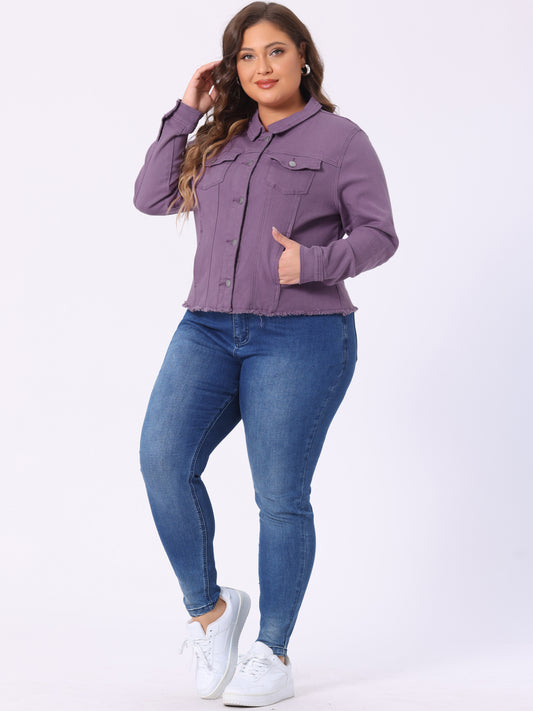 Women's Plus Size Classic Washed Front Frayed Denim Jacket
