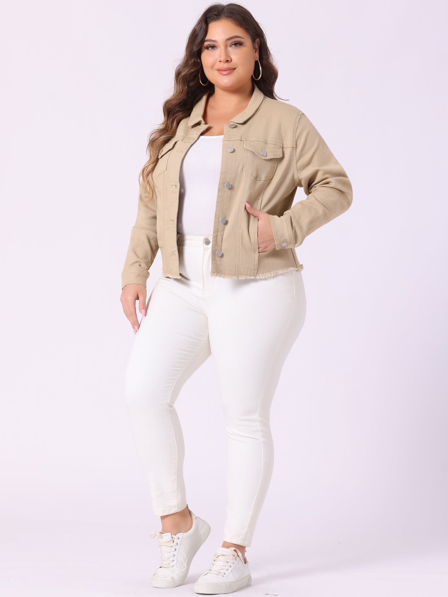 Women's Plus Size Classic Washed Front Frayed Denim Jacket