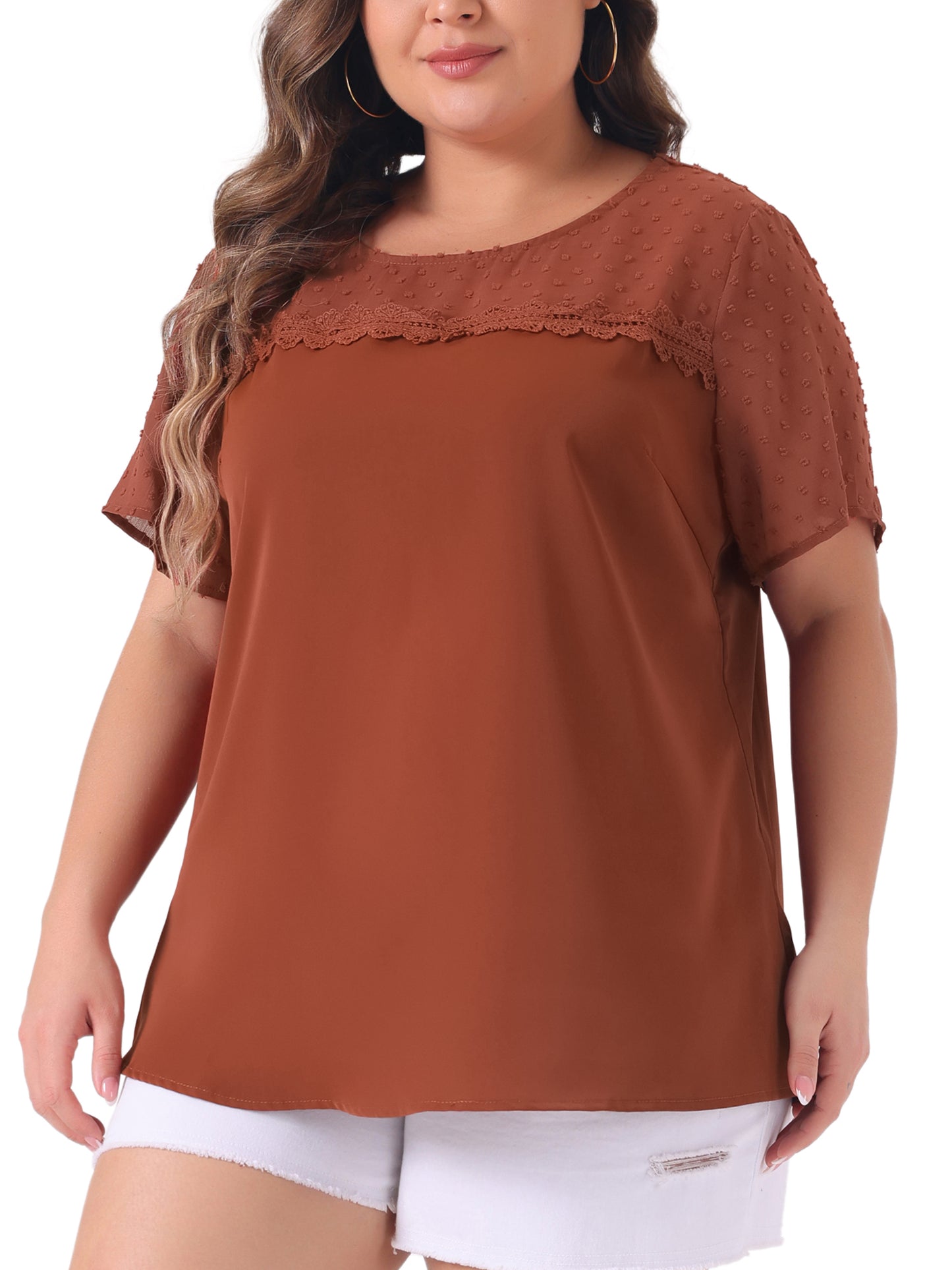 Women's Plus Size Round Neck Short Sleeves Polka Dots Lace Panel Summer Blouse