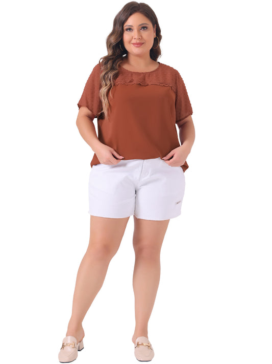 Women's Plus Size Round Neck Short Sleeves Polka Dots Lace Panel Summer Blouse